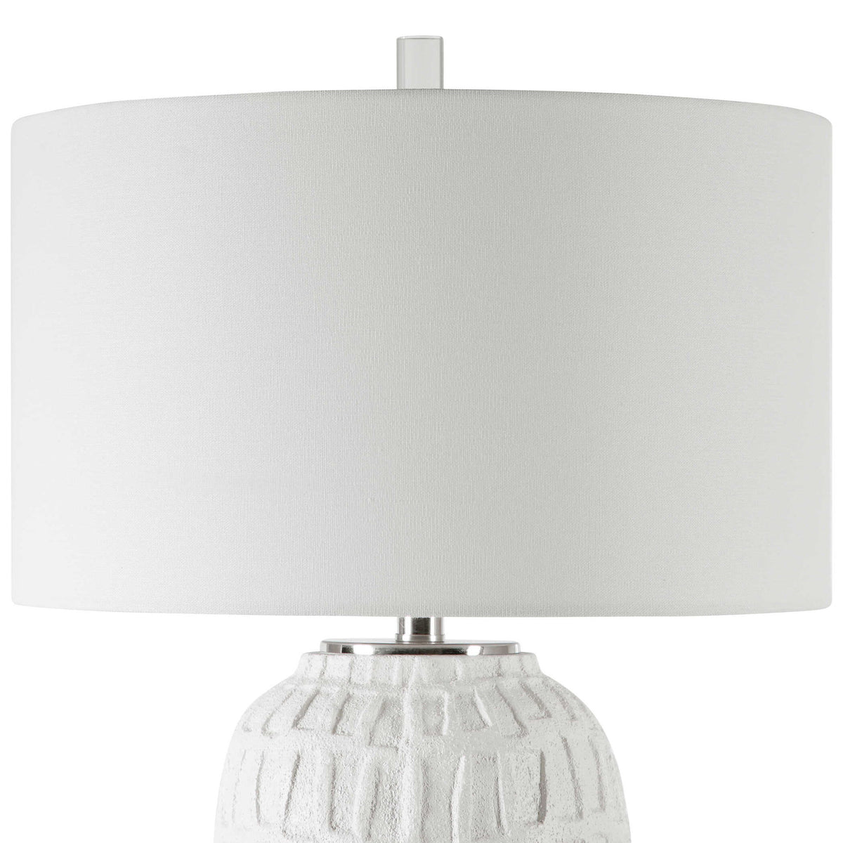 Uttermost Caelina textured white table lamp with a modern design, featuring a cylindrical base and a fabric shade.