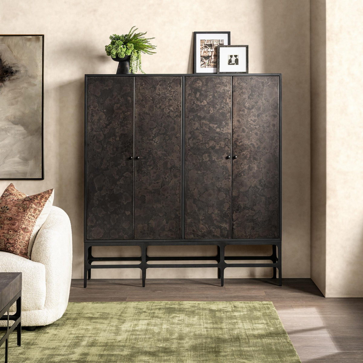 Classic Home Amilio Tall Cabinet in Rust Noir showing a sleek, modern accent cabinet with a smooth finish and tall storage design.