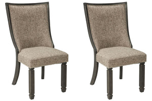 Pair of Tyler Creek dining side chairs by Signature Design Ashley with framed backs, black and grayish brown upholstery, set of two