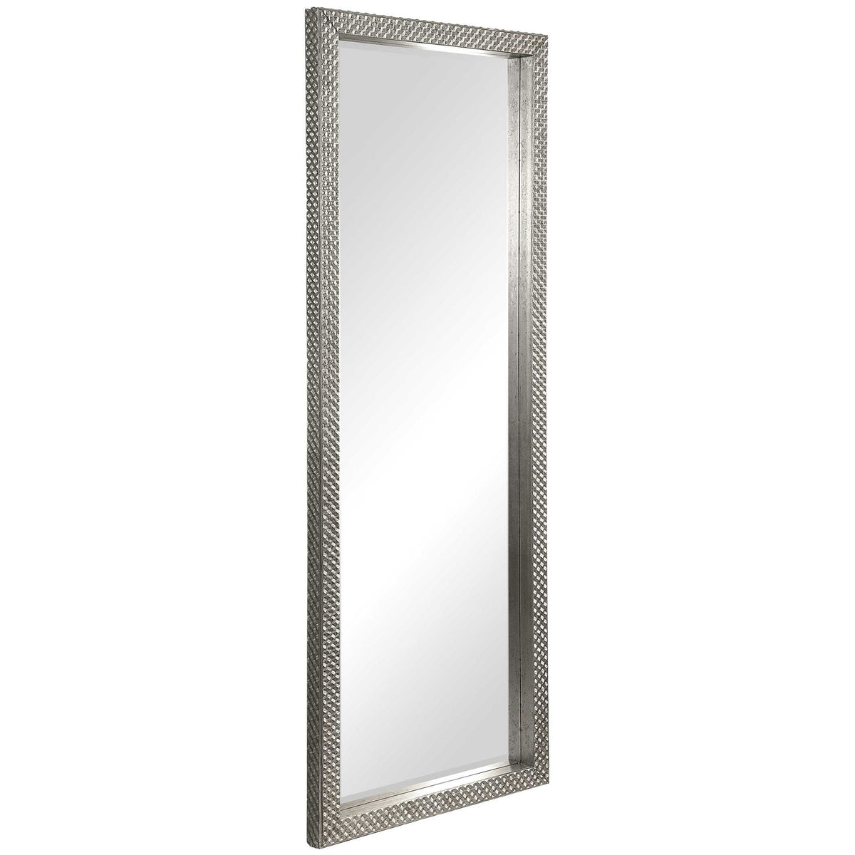 Silver metallic mirror by Uttermost, Cacelia floor mirror with a sleek, reflective surface and modern design.