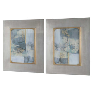 Pair of framed abstract prints from Uttermost, Gilded Whimsy set in dark gray with gold accents, modern wall art for living space.