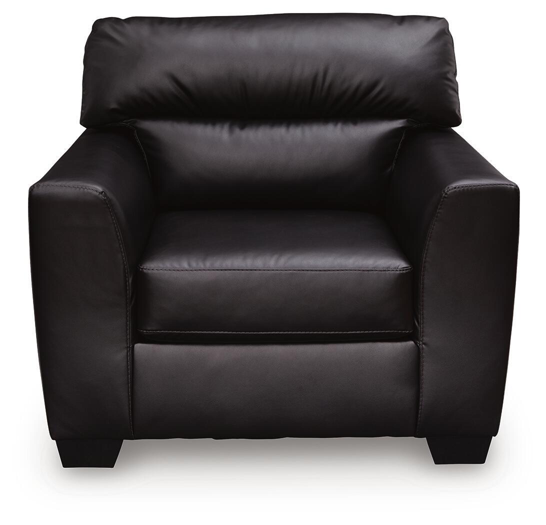 Midnight Glennbre arm chair by Signature Design by Ashley®, plush fabric, cushioned seat with wooden legs.