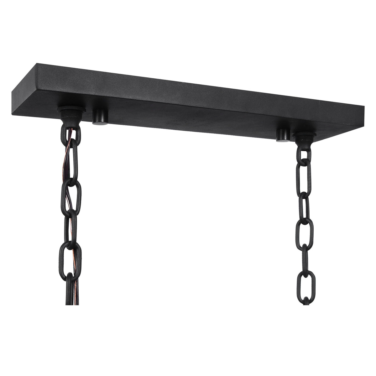Uttermost Jarsdel 6-light black industrial island pendant light with metal shades hanging in a modern kitchen setting.