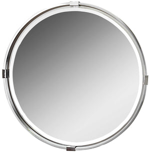 Uttermost Tazlina round wall mirror with brushed nickel finish, showcasing a sleek, modern design and reflective glass surface.