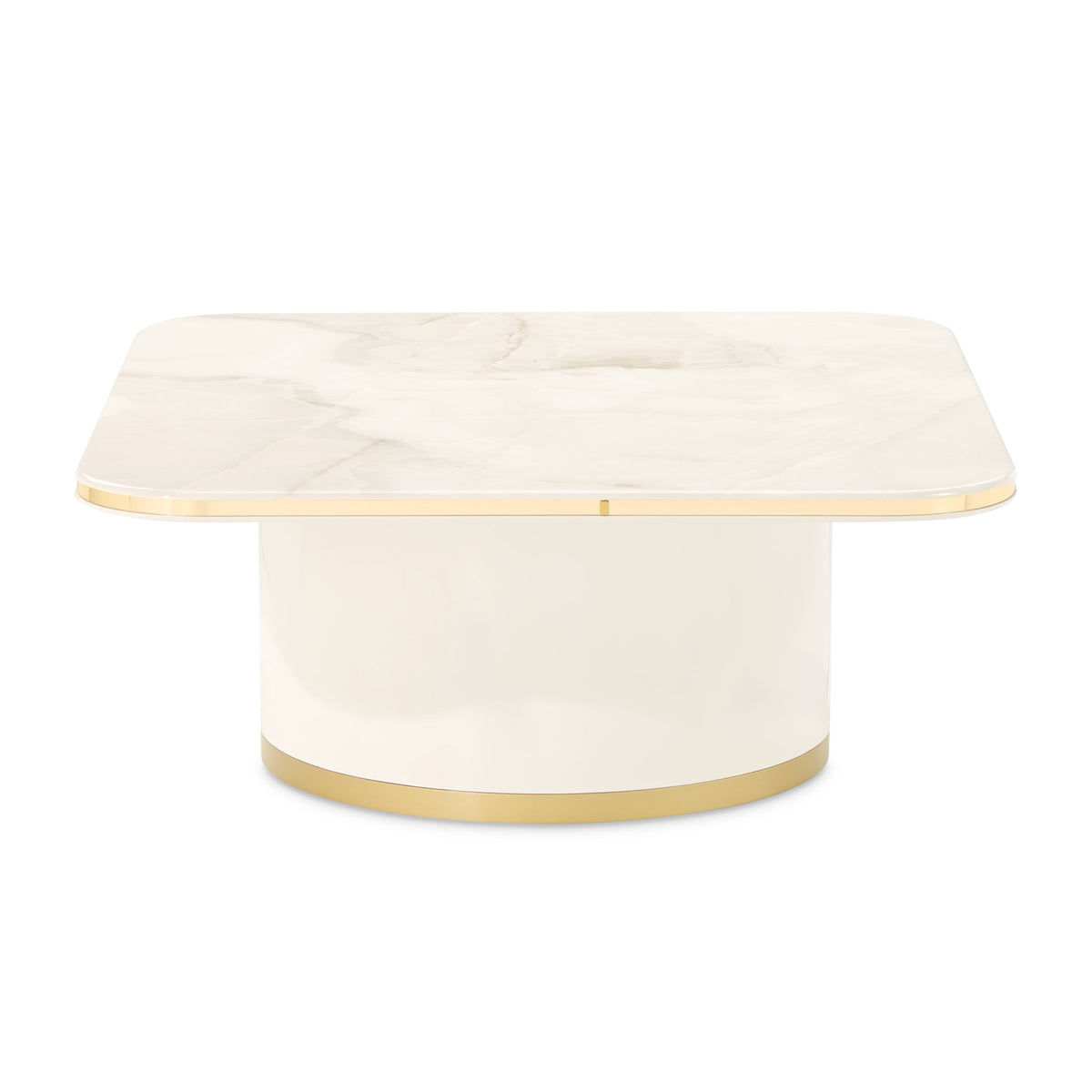 Michael Amini Gineverra rectangular cocktail table with a sleek glass top and elegant wooden frame.