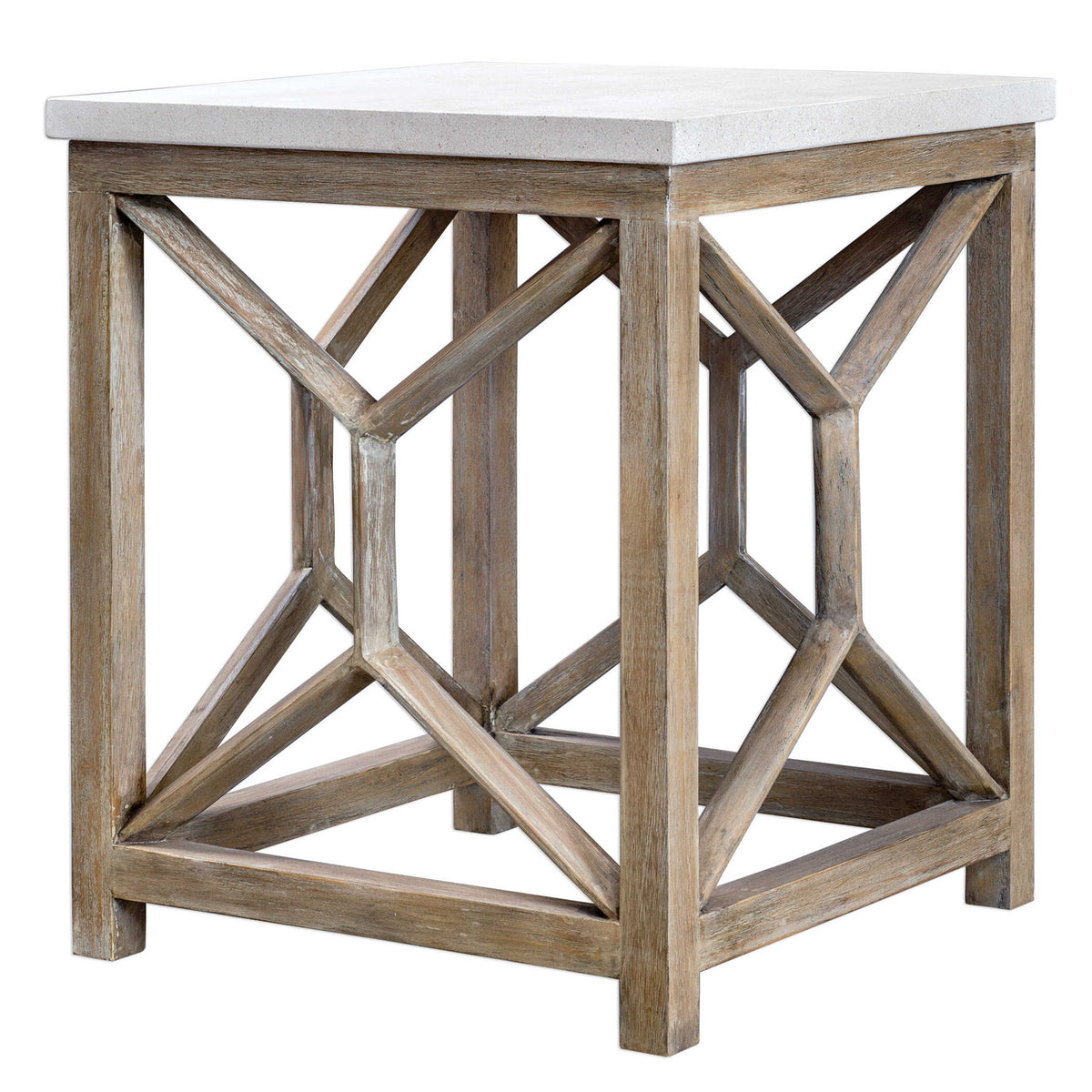 Uttermost Catali stone end table with white and light brown finish, featuring a modern design and smooth surface for living room decor.
