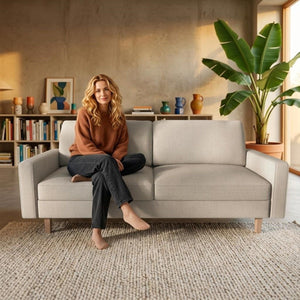 Beige 3-seat sofa with removable cushions from US Pride, stationary sofa with comfortable seating and plush upholstery