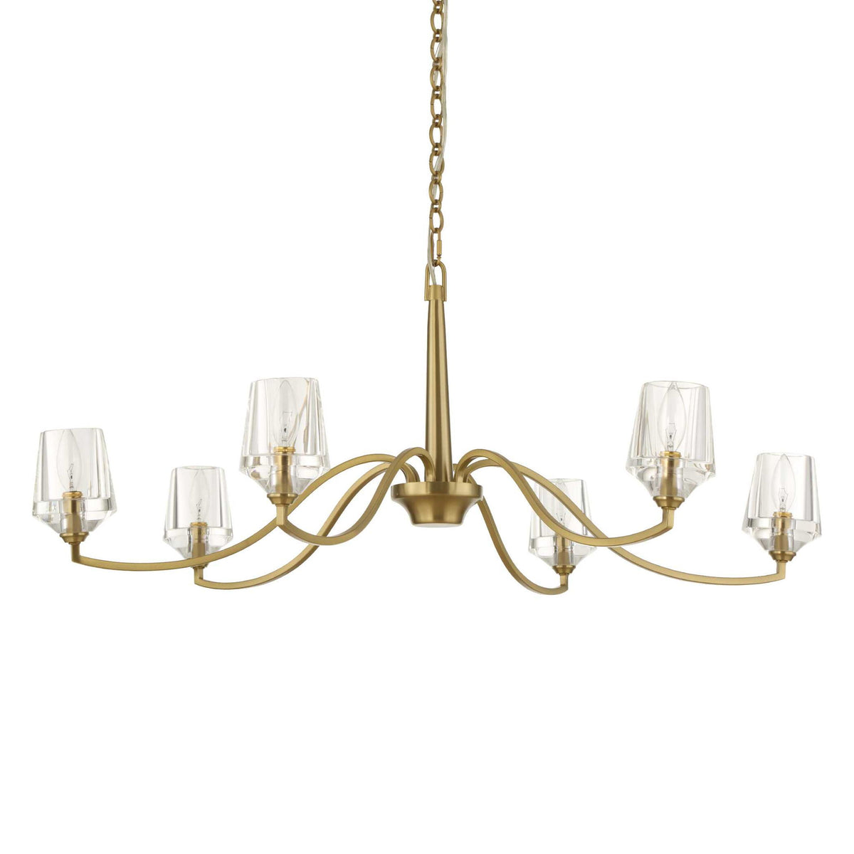 Uttermost Barcelona 6-light brass chandelier with gold finish, featuring elegant curved design and six light fixtures.