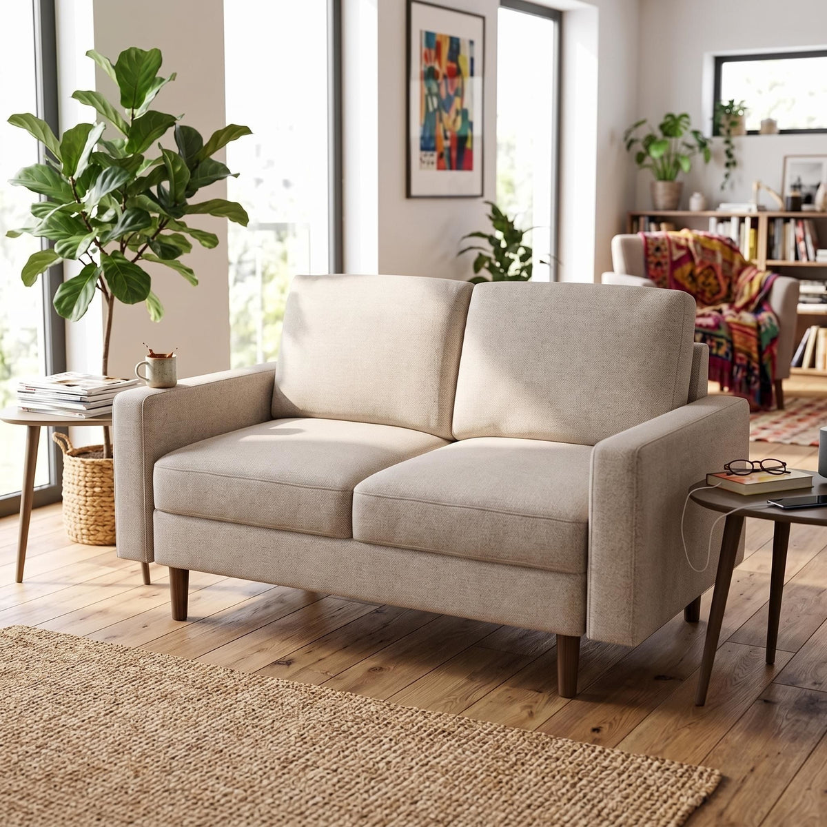 US Pride stationary loveseat sofa with two removable cushions, perfect for a living room seating area.