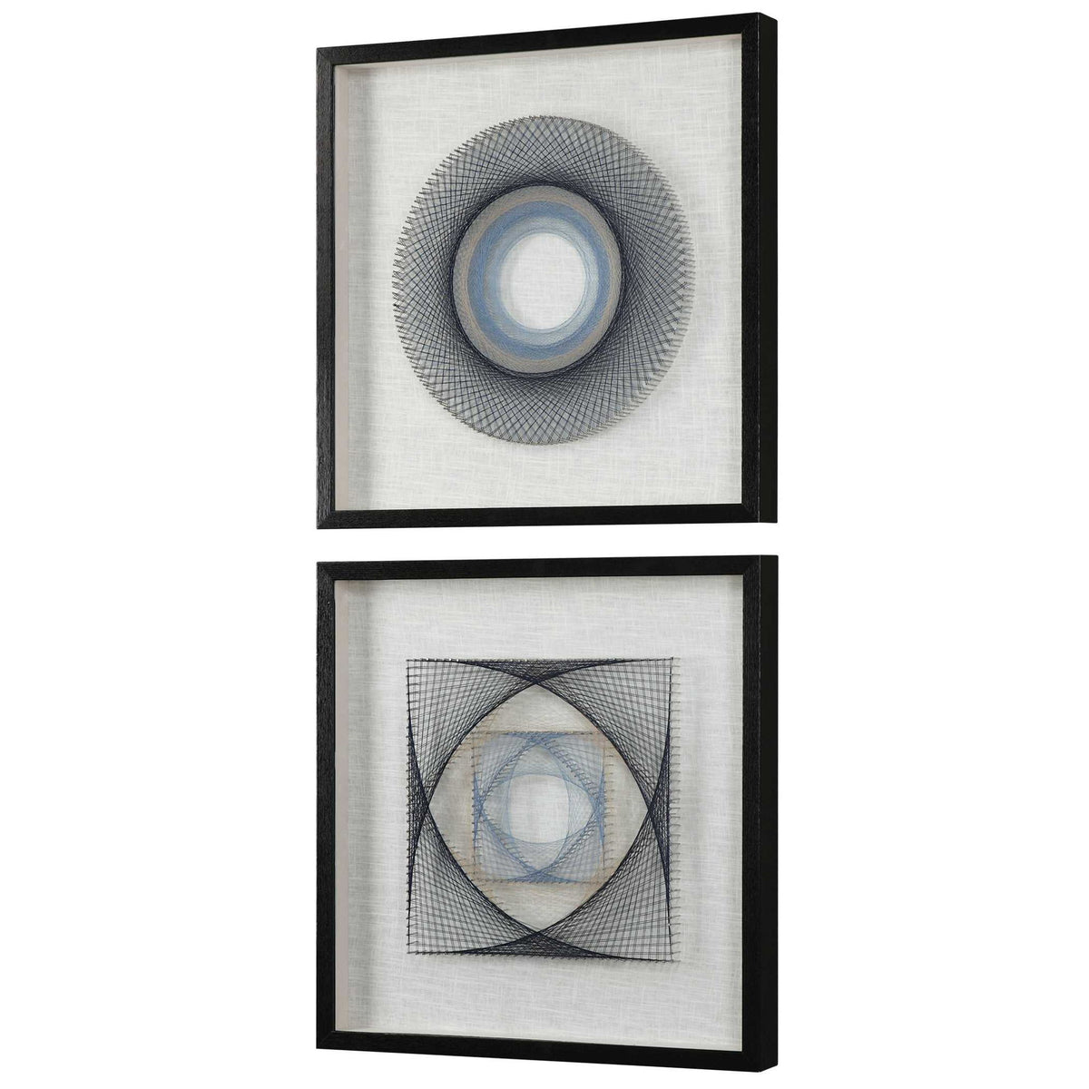 Set of two black geometric art wall decor pieces by Uttermost, featuring modern string design for stylish interior accents.