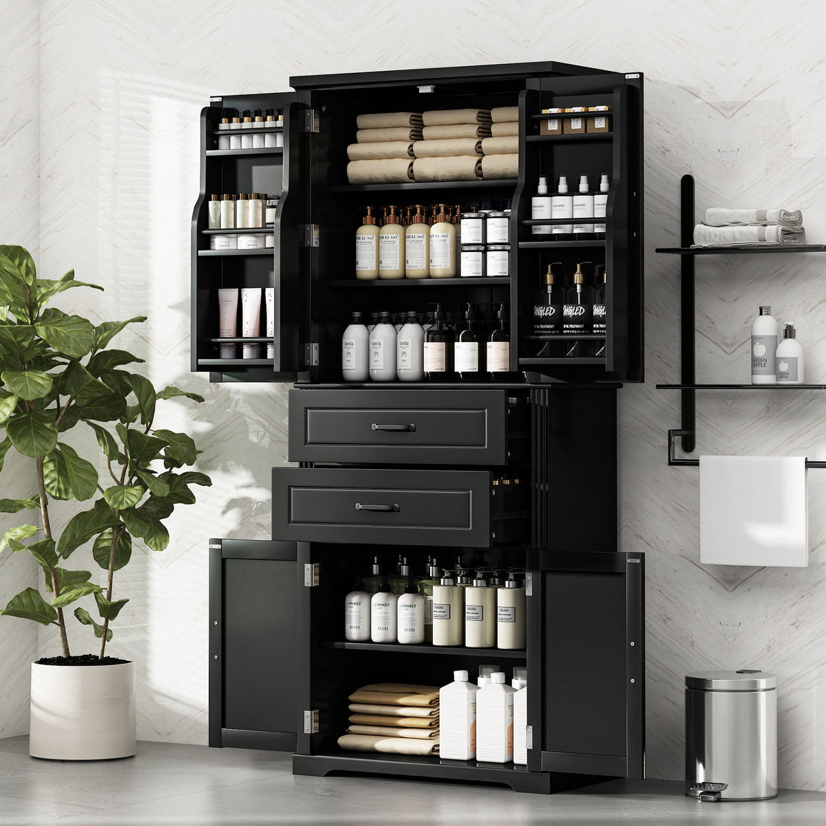 Storage Cabinet With Adjustable Shelves, 2 Drawers, Doors
