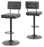 Set of two Signature Design by Ashley® Strumford tall swivel barstools with wooden seats and metal legs, showcasing a modern bar seating style.