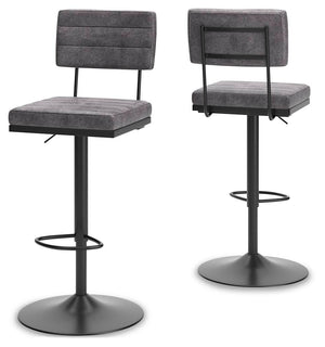 Set of two Signature Design by Ashley® Strumford tall swivel barstools with wooden seats and metal legs, showcasing a modern bar seating style.