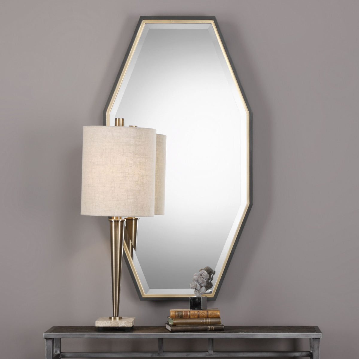 Uttermost Savion Octagon Wall Mirror with a gold finish, featuring a stylish geometric design and sleek frame.