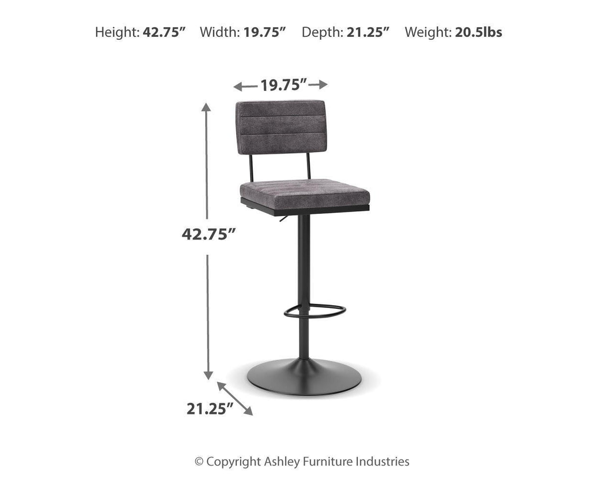 Set of two Signature Design by Ashley Strumford tall swivel barstools with wooden seats and metal frames, ideal for kitchen or bar area.
