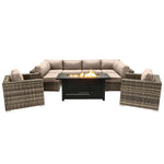 9 Piece Outdoor Sectional Set With Fire Pit Table And Cushions - Beige