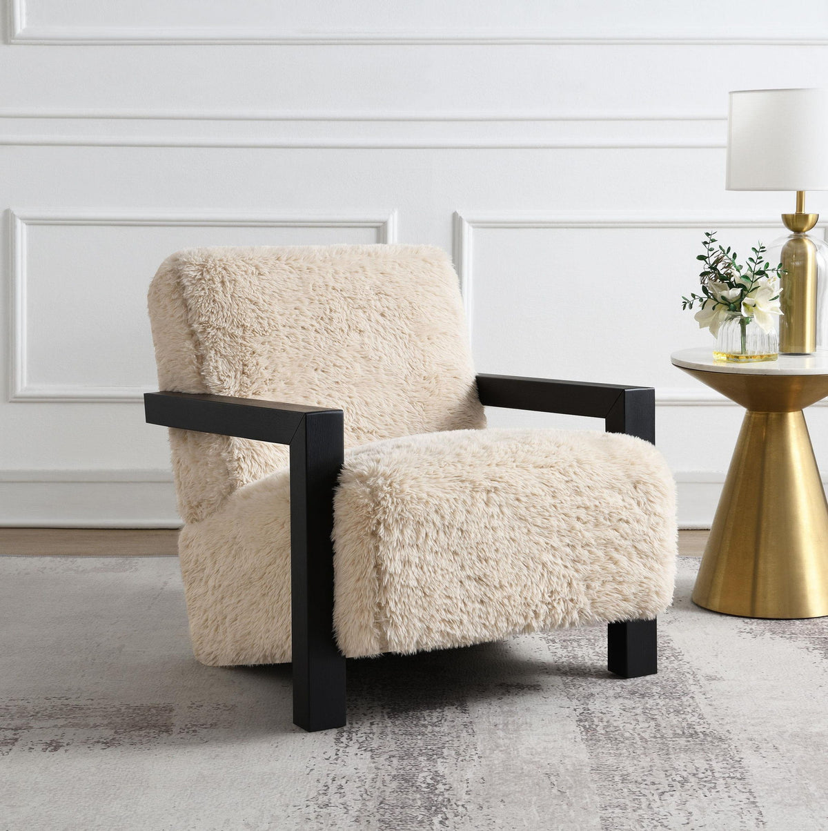 Fitzroy Faux Fur Upholstered Chair Solid Wood Arms Latte