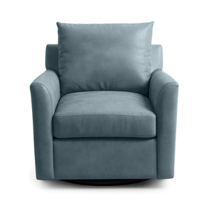 Classic Home Olivia swivel chair with plush beige upholstery and wooden base, designed for comfortable seating and modern style.