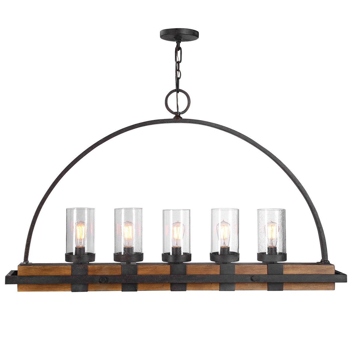Uttermost Atwood 5-light rustic linear pendant chandelier with light brown finish, featuring five pendant lights in a linear design.