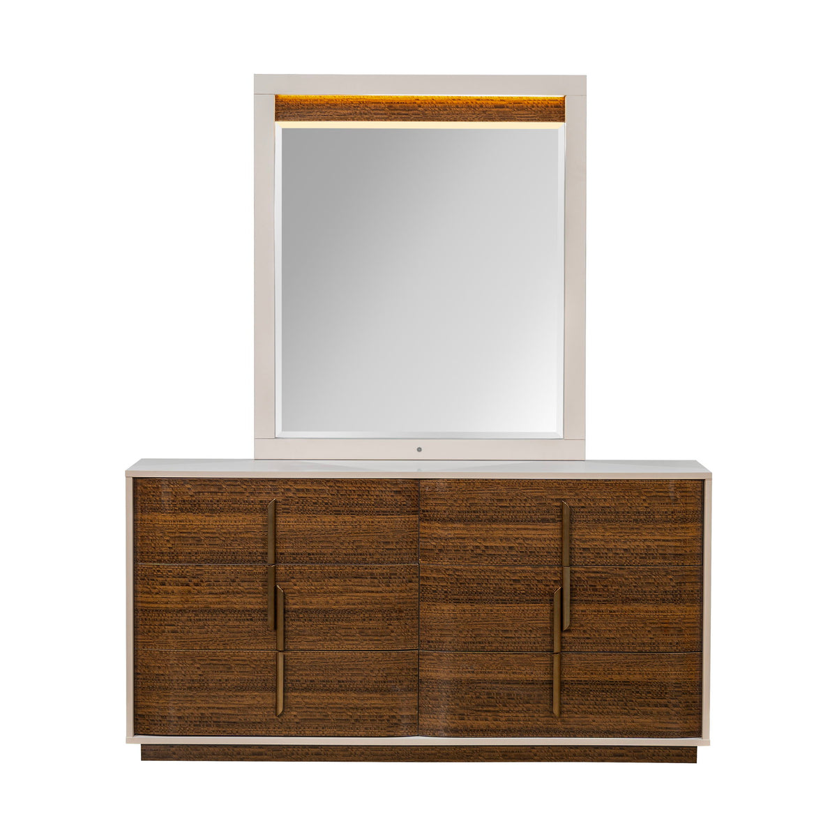 Michael Amini Pavira dresser with matching mirror, featuring sleek wood finish and modern design for bedroom storage and decor.