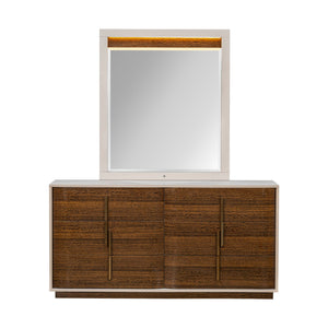 Michael Amini Pavira dresser with matching mirror, featuring sleek wood finish and modern design for bedroom storage and decor.