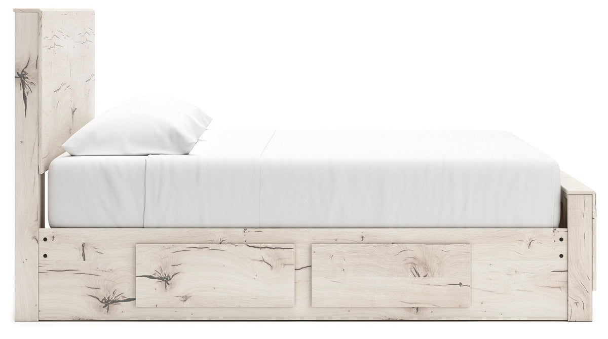 Signature Design by Ashley Lawroy panel storage bed with built-in drawers and modern wood finish, showcasing its sleek design and storage features.