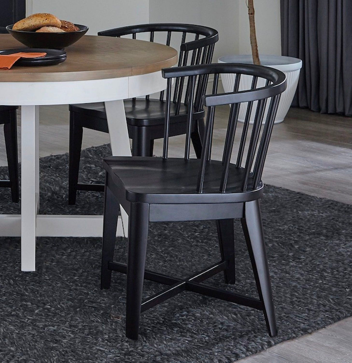Americana Modern Dining - Round Dining Table And 4 Black Barrel Chairs - Cotton