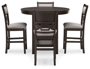 Brown Langwest 5-piece dining room counter table set by Signature Design by Ashley, featuring a sturdy counter-height table and matching chairs.