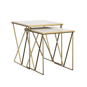 Sinclair - 2 Piece Nesting Table Set With Iron And Luxurious Marble Surface - White / Gold
