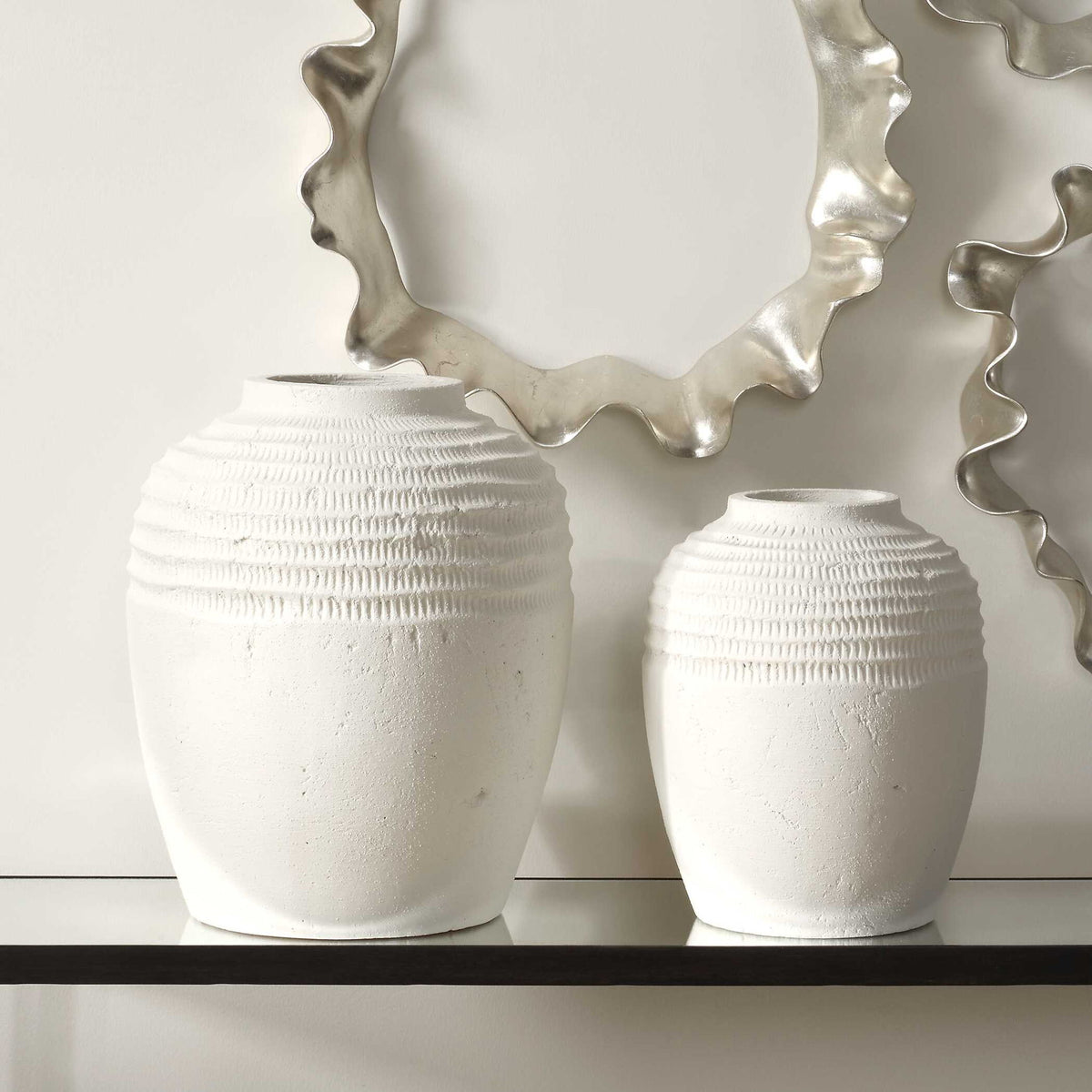 Luna - Ridge Ceramic Vases (Set of 2) - White
