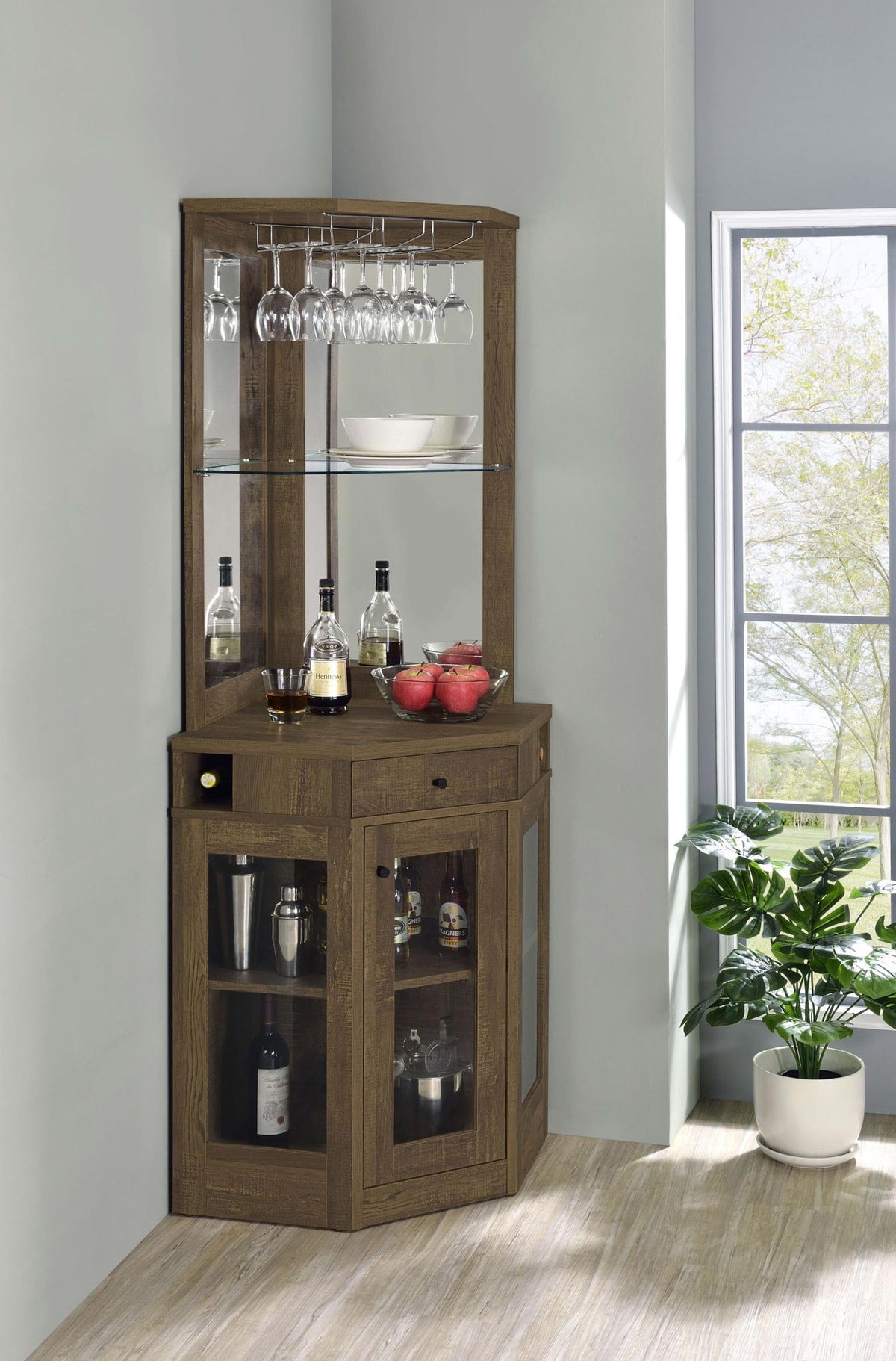 Alviso 1-drawer Corner Home Bar Wine Cabinet Rustic Oak