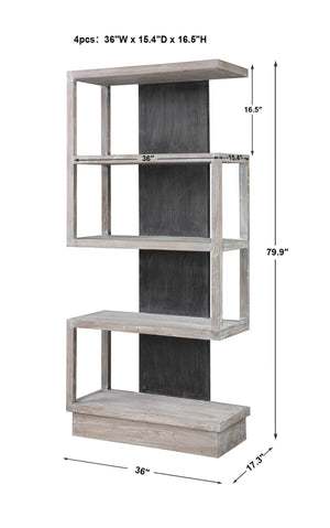 Modern pearl silver etagere by Uttermost, featuring multiple open shelves and sleek metal frame for stylish storage and display.
