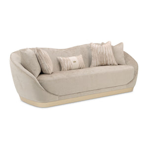 Michael Amini La Rachelle stationary sofa with plush fabric and elegant design, shown in a stylish living room setting.