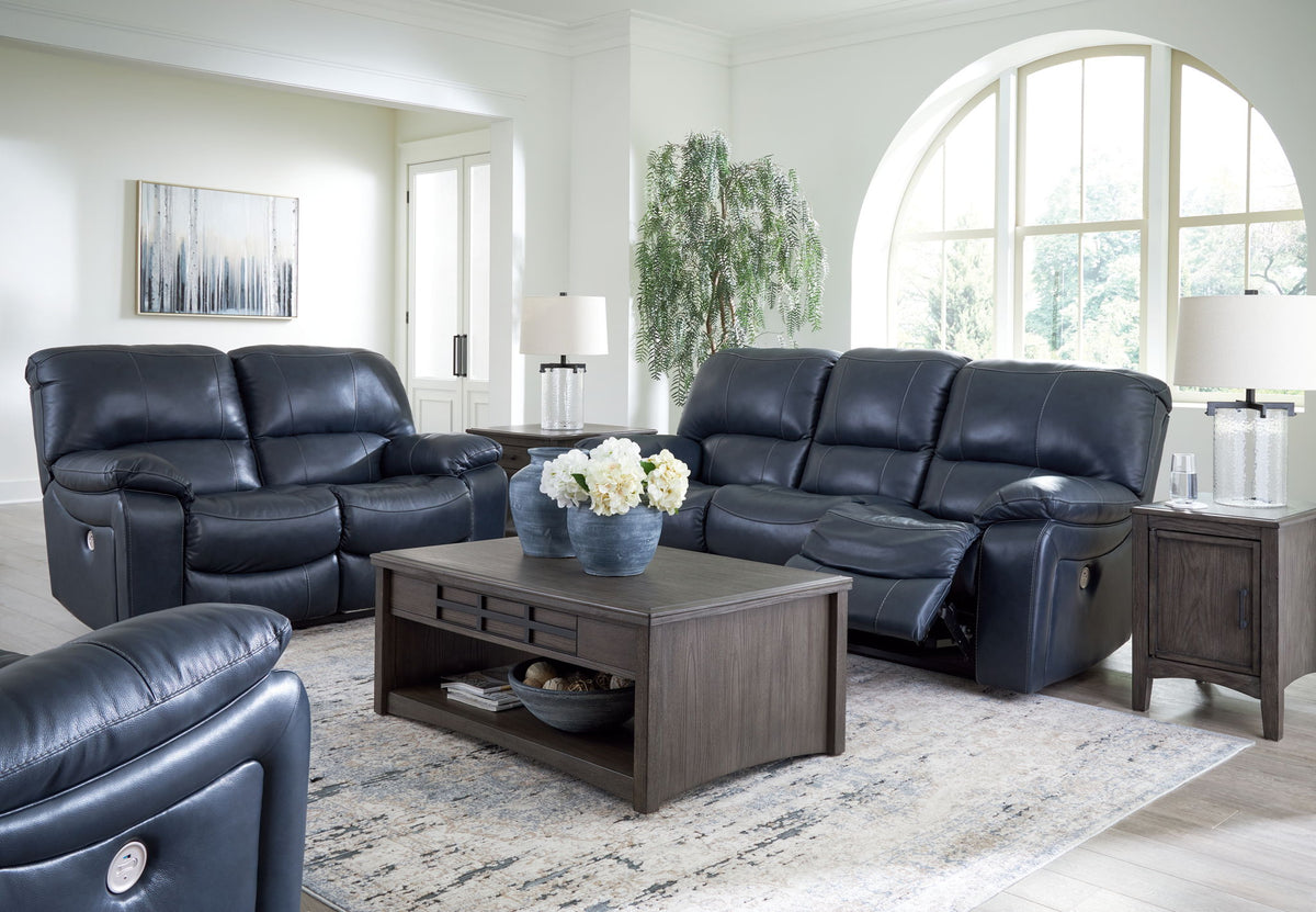 Signature Design by Ashley Leesworth 3-piece living room set with power reclining sofa, loveseat, and rocker recliner in ocean color.