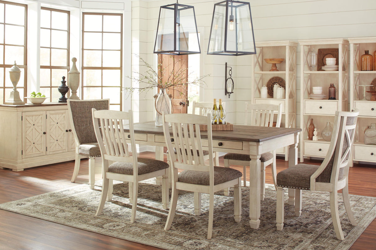 Set of two Bolanburg dining chairs by Signature Design Ashley, brown and beige UPH side chairs with rake back design.
