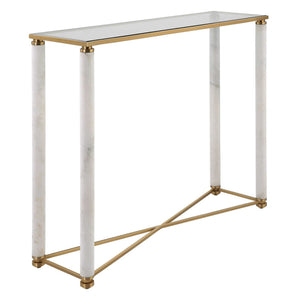 White - Pillar Console Table - Brass / White