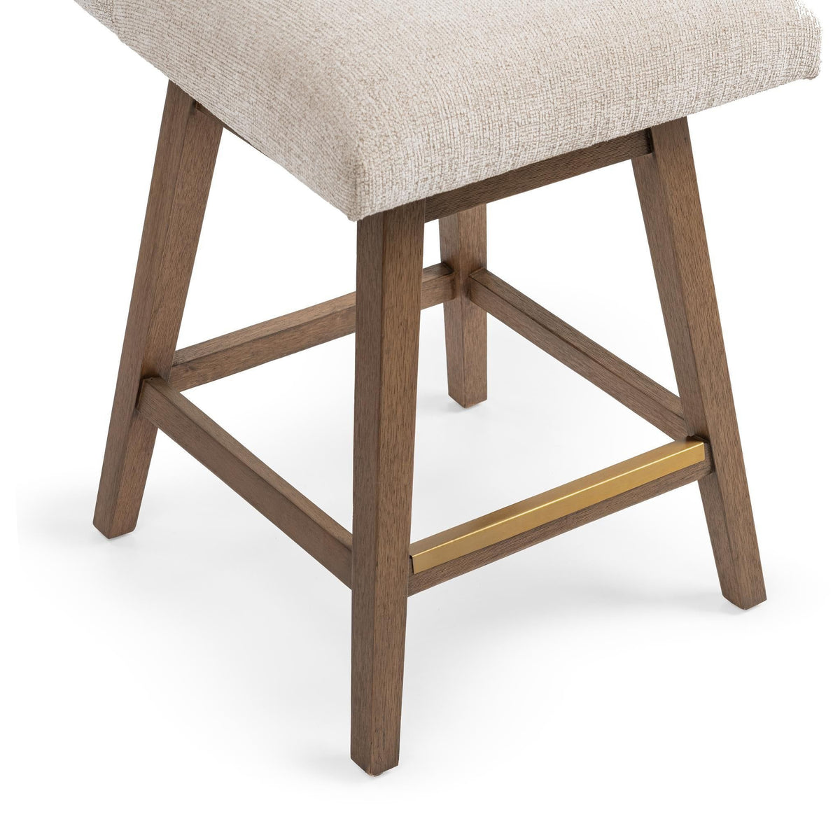 Classic Home Ava swivel counter stool in vanilla oat fabric with wooden legs, designed for 24-27 inch counter height.