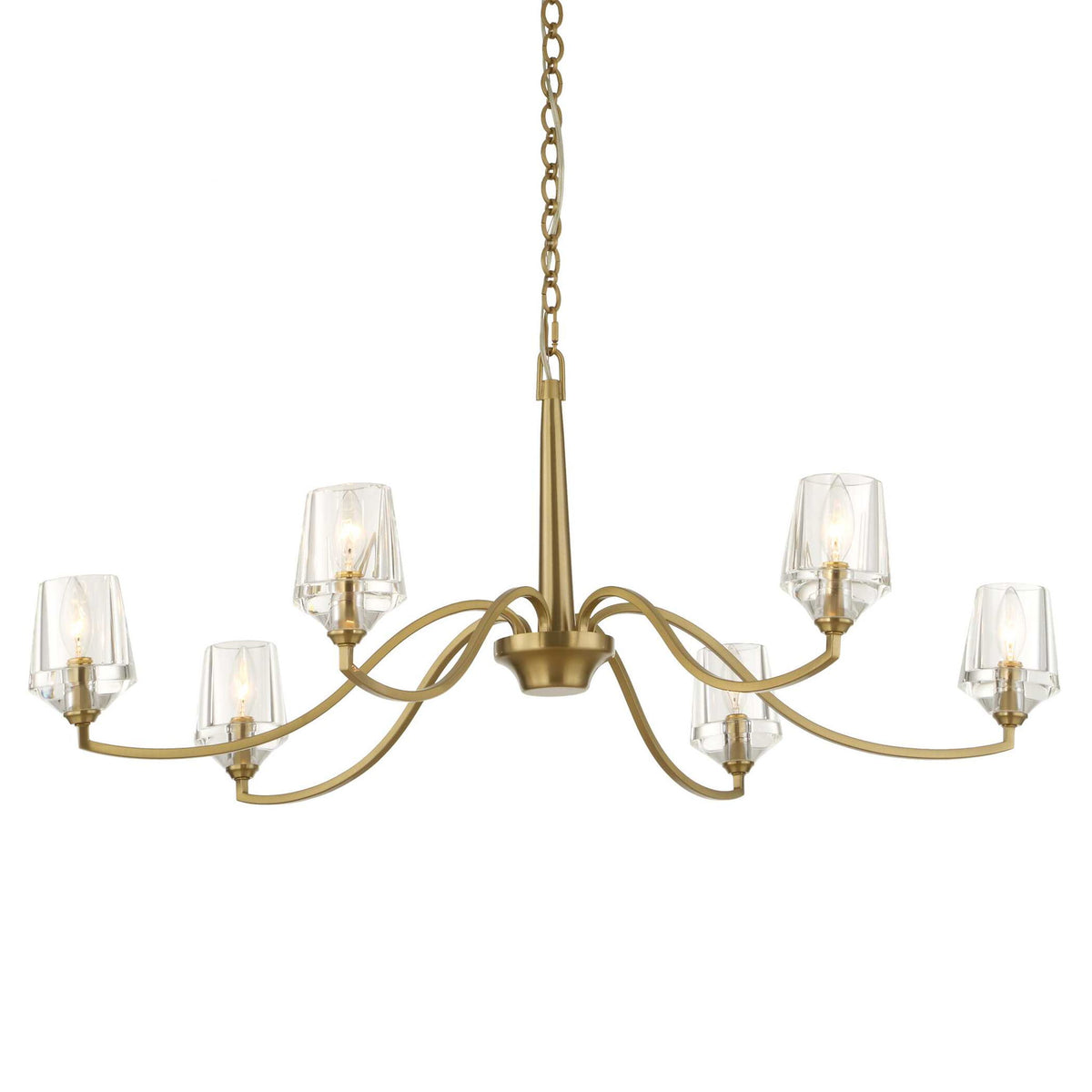 Uttermost Barcelona 6-light brass chandelier with gold finish, featuring elegant design and multiple light fixtures for sophisticated lighting.