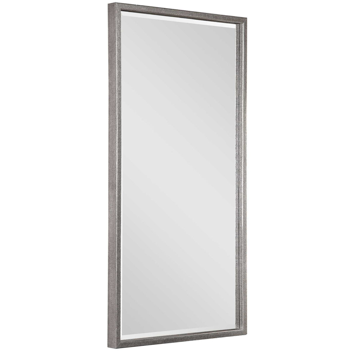 Uttermost Gabelle metallic silver wall mirror with a round, reflective surface and decorative metallic frame.
