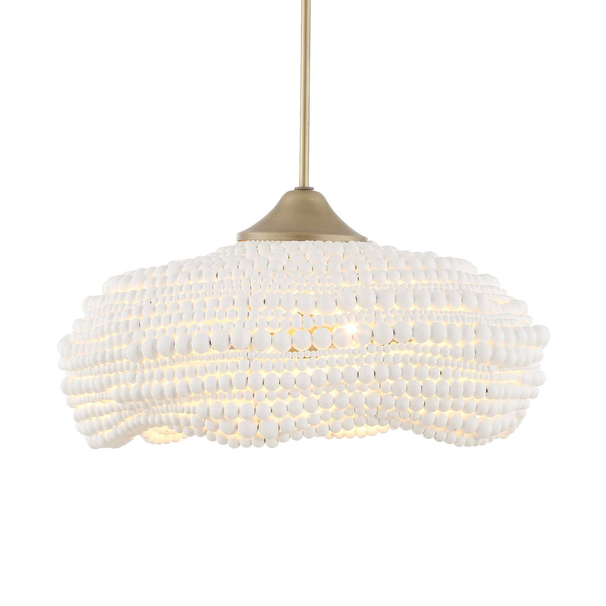 White beaded pendant light by Uttermost with five hanging lights and intricate bead design for modern pendant lighting.