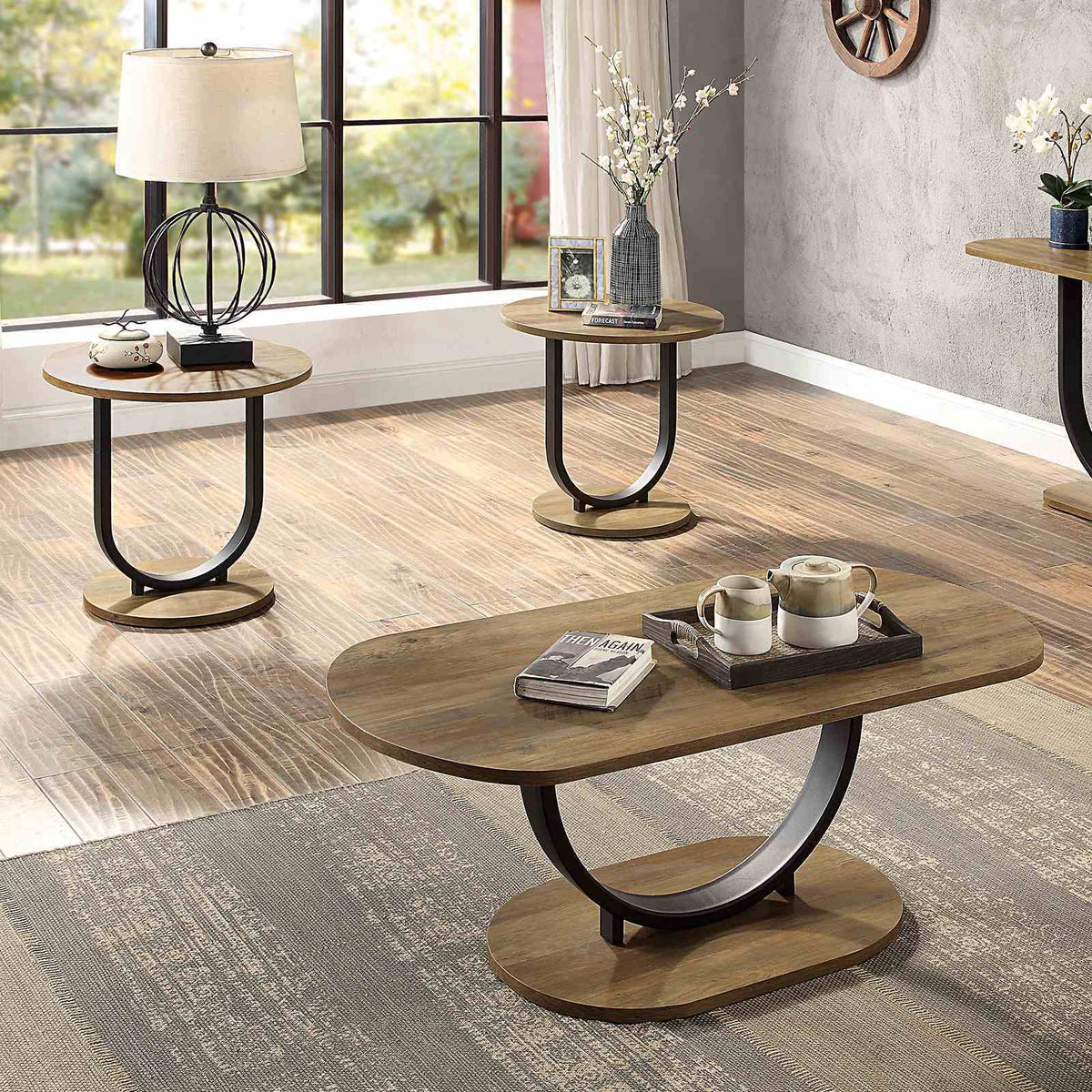 Olbia - 3 Pc. Coffee Table Set (1C+2E), Rustic Oak/Sand Black