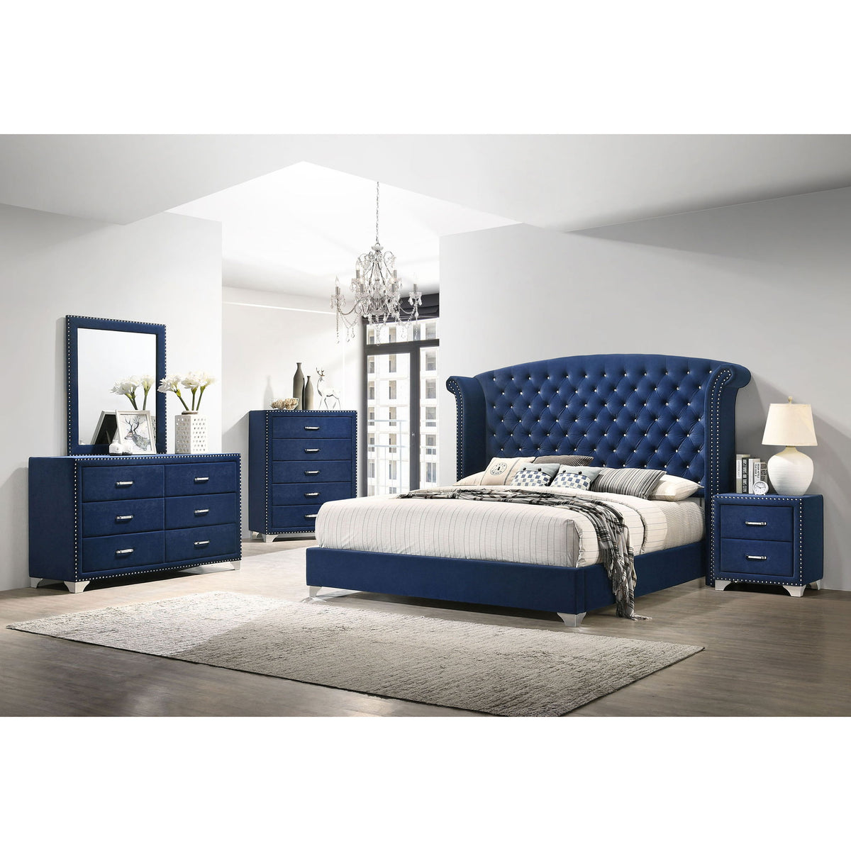 6 Drawer Upholstered Dresser With Mirror - Blue