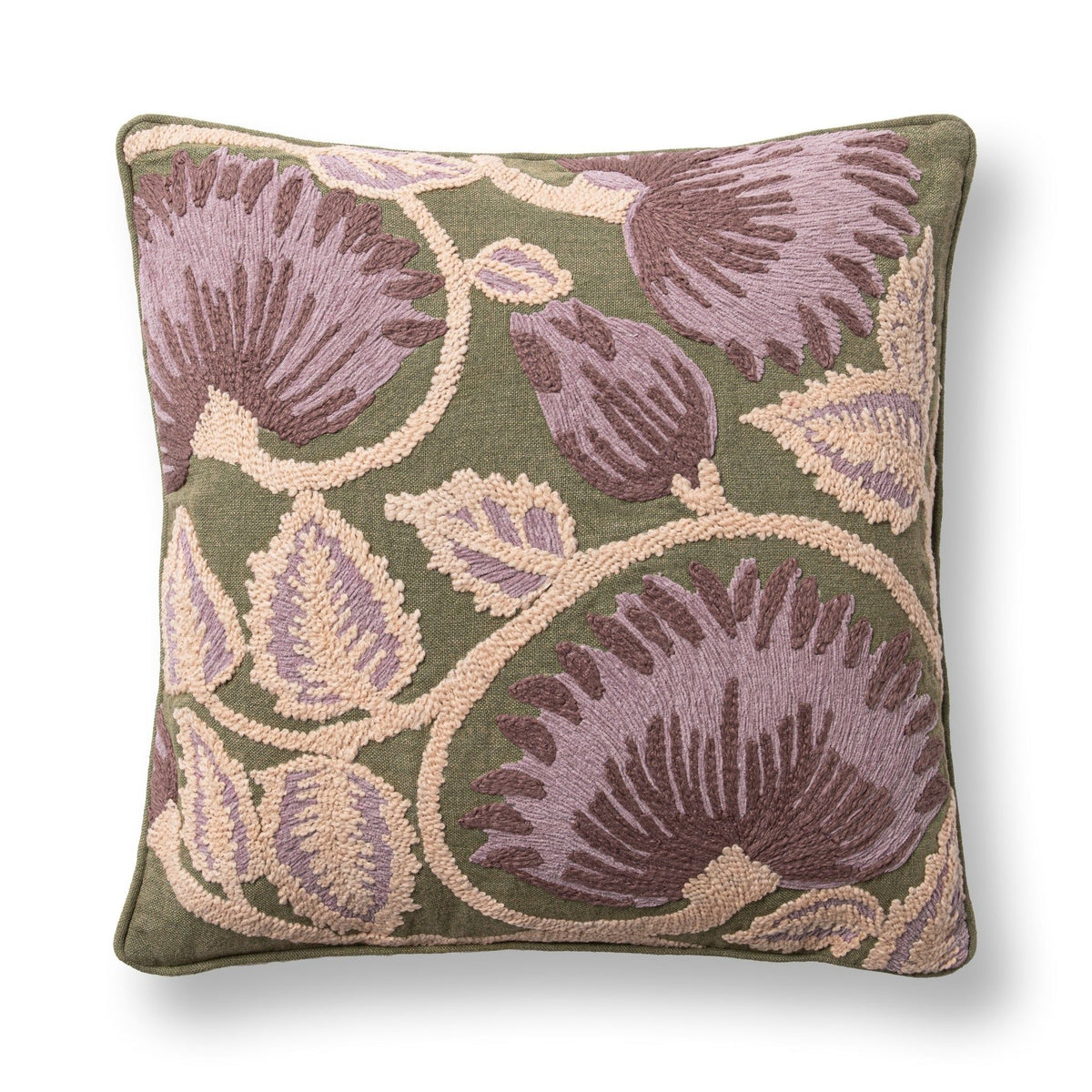 Olive green and multi-colored accent pillow, 22x22 inches, from Classic Home's Folly collection, featuring a decorative fabric design.