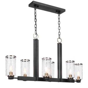 Black Jarsdel 6-light industrial island pendant light by Uttermost, showcasing a modern, minimalist design with six hanging light fixtures.
