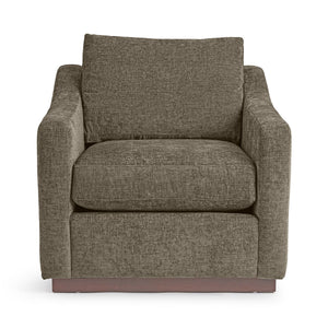 Classic Home Aspen arm chair with plush beige fabric and wooden legs, stylish accent seating for living rooms.