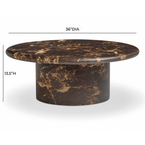 Dark brown Byron round coffee table by TOV Furniture, featuring a sleek modern design and smooth circular surface.