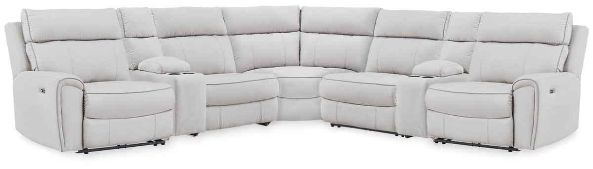 Signature Design by Ashley reclining sectional sofa with plush cushions and reclining features, showcasing a modern living room setup.