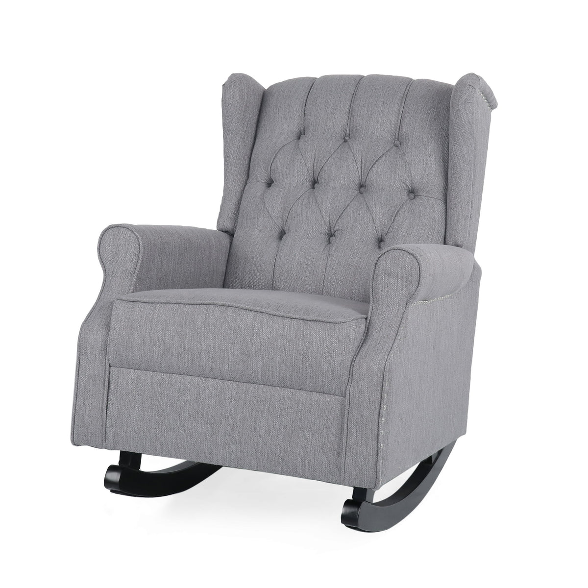 Noble House Sheila gray contemporary fabric tufted wingback rocking chair with padded armrests and wooden base.