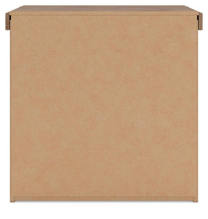 Benchcraft Savonport two-drawer nightstand with charging station in white and brown, showing sleek wood finish and functional design.