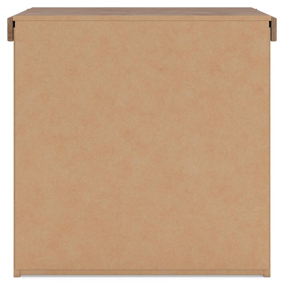 Benchcraft Savonport two-drawer nightstand with charging station in white and brown, showing sleek wood finish and functional design.